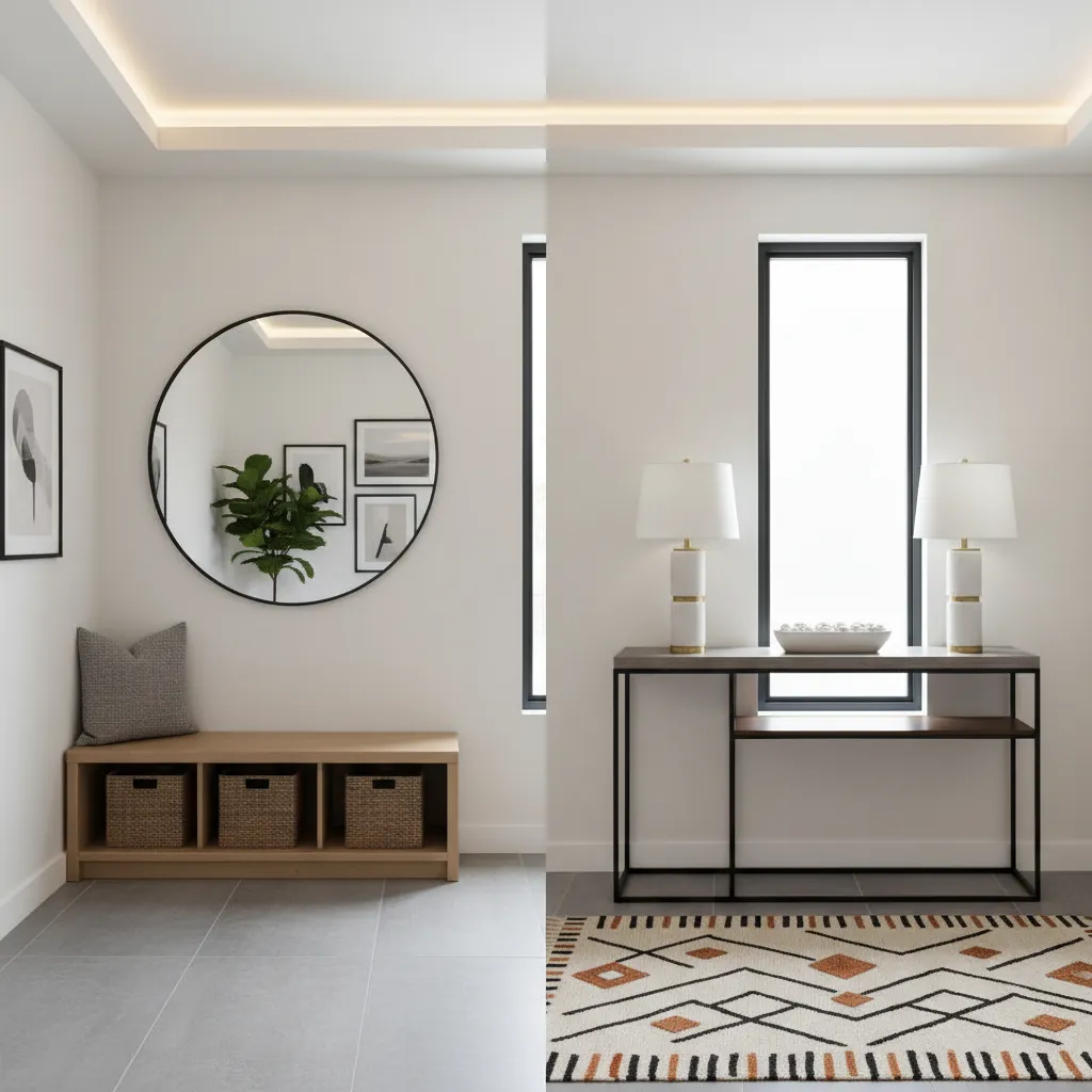 Side by side comparison of entryway bench layout and console table layout