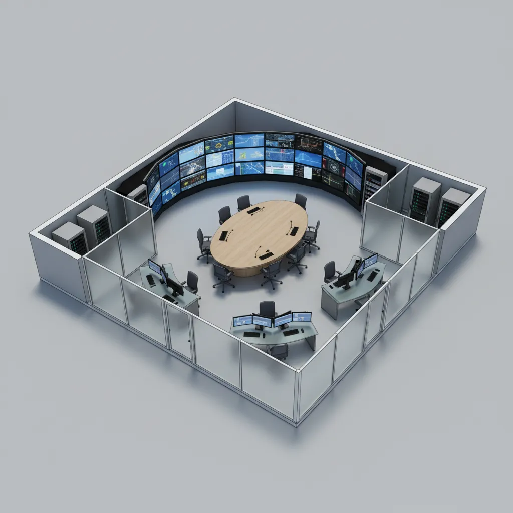 small emergency operations center floor plan showing centralized command arrangement