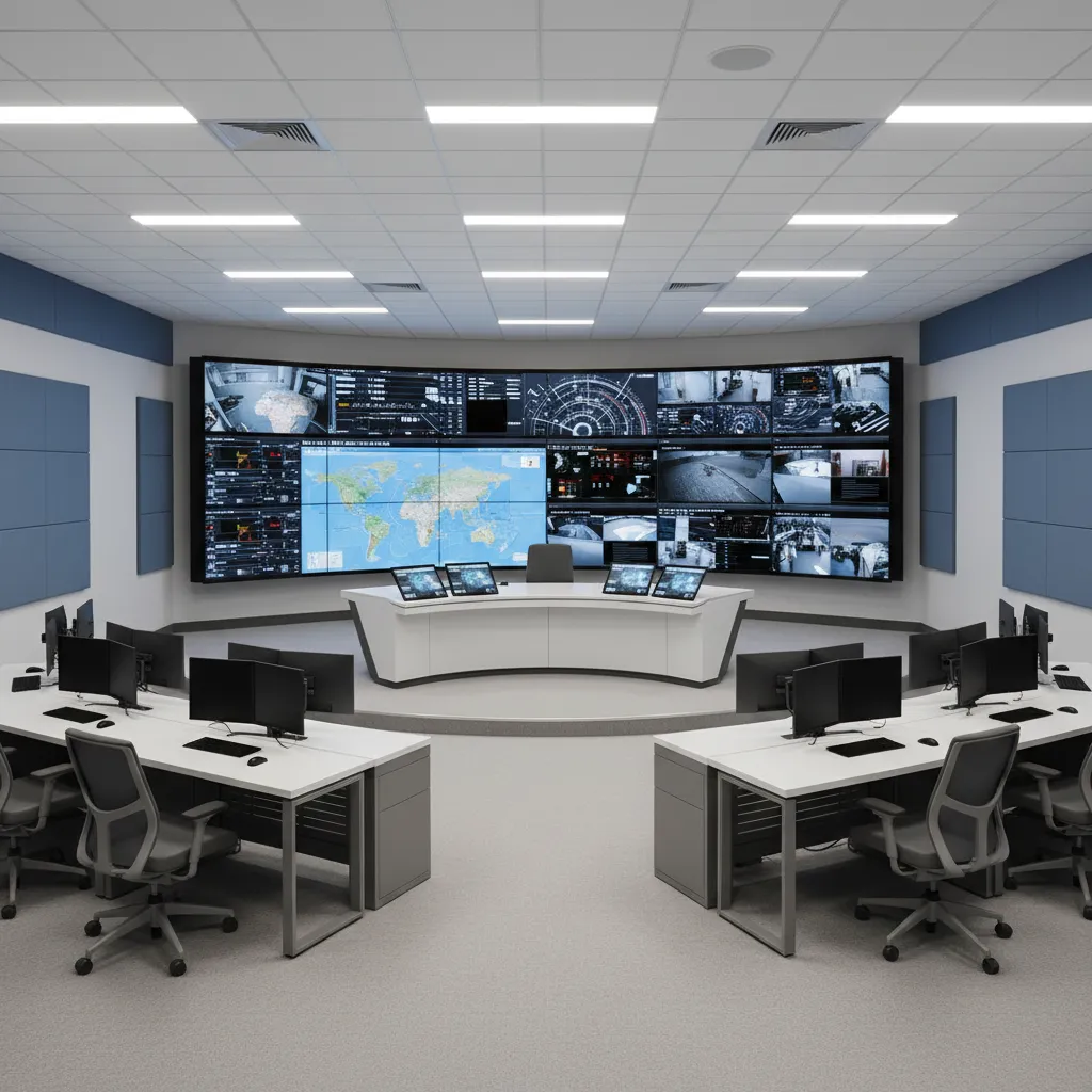 Overview of a small emergency operations center workstation layout with a central command desk and display wall