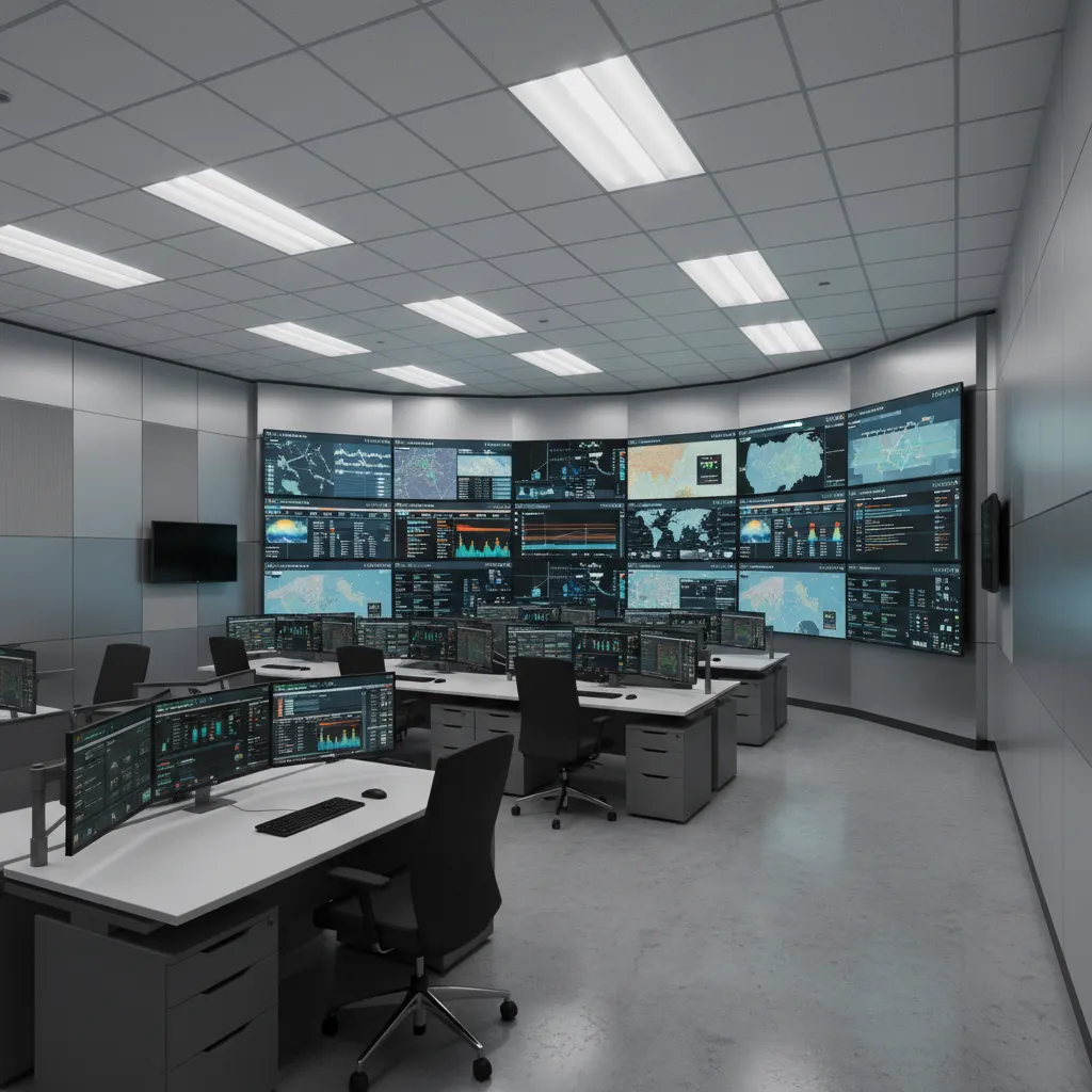 Small emergency operations center with multiple operator desks and wall display screens