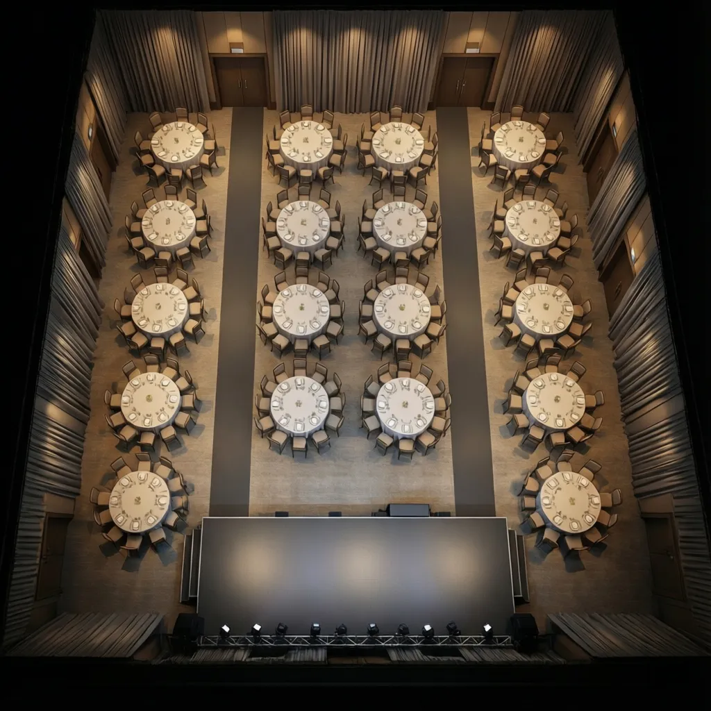 Top view layout of tables and seating arrangement inside a small party hall