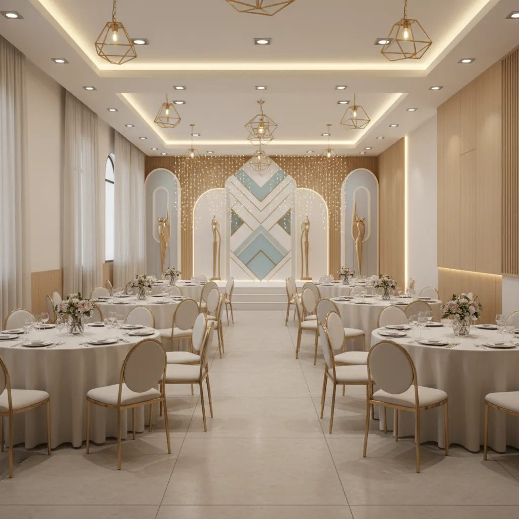 Compact party hall interior arranged for a birthday celebration with stage and seating