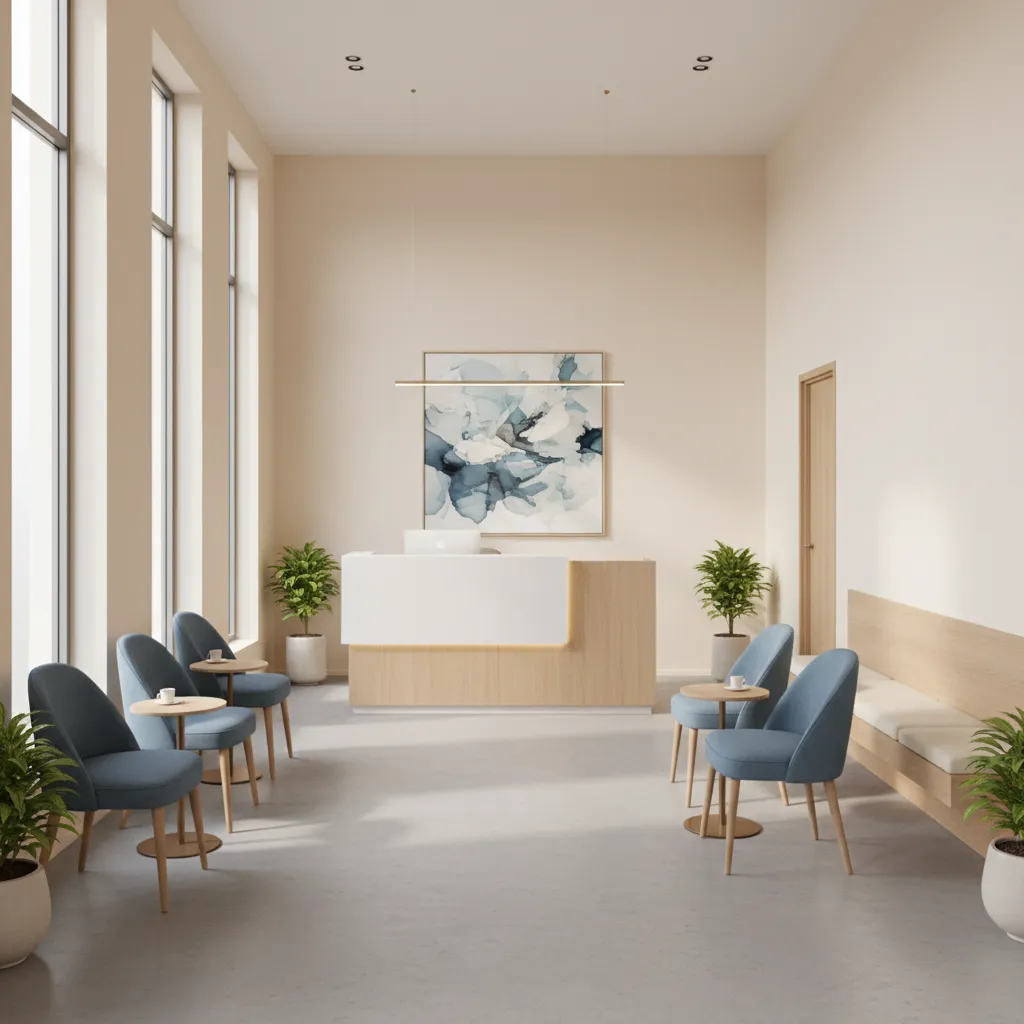 Small ophthalmology clinic waiting area with reception desk and seating