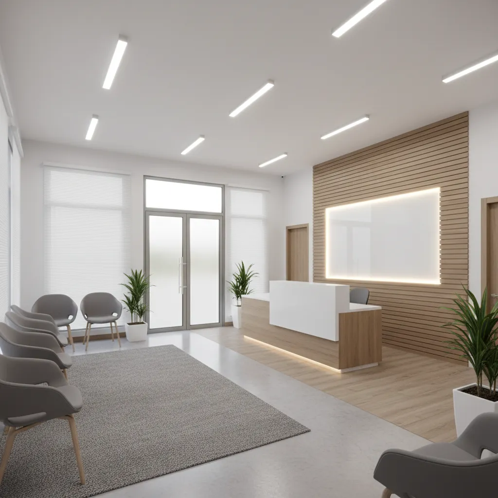 Reception and waiting area layout in a small ophthalmology clinic