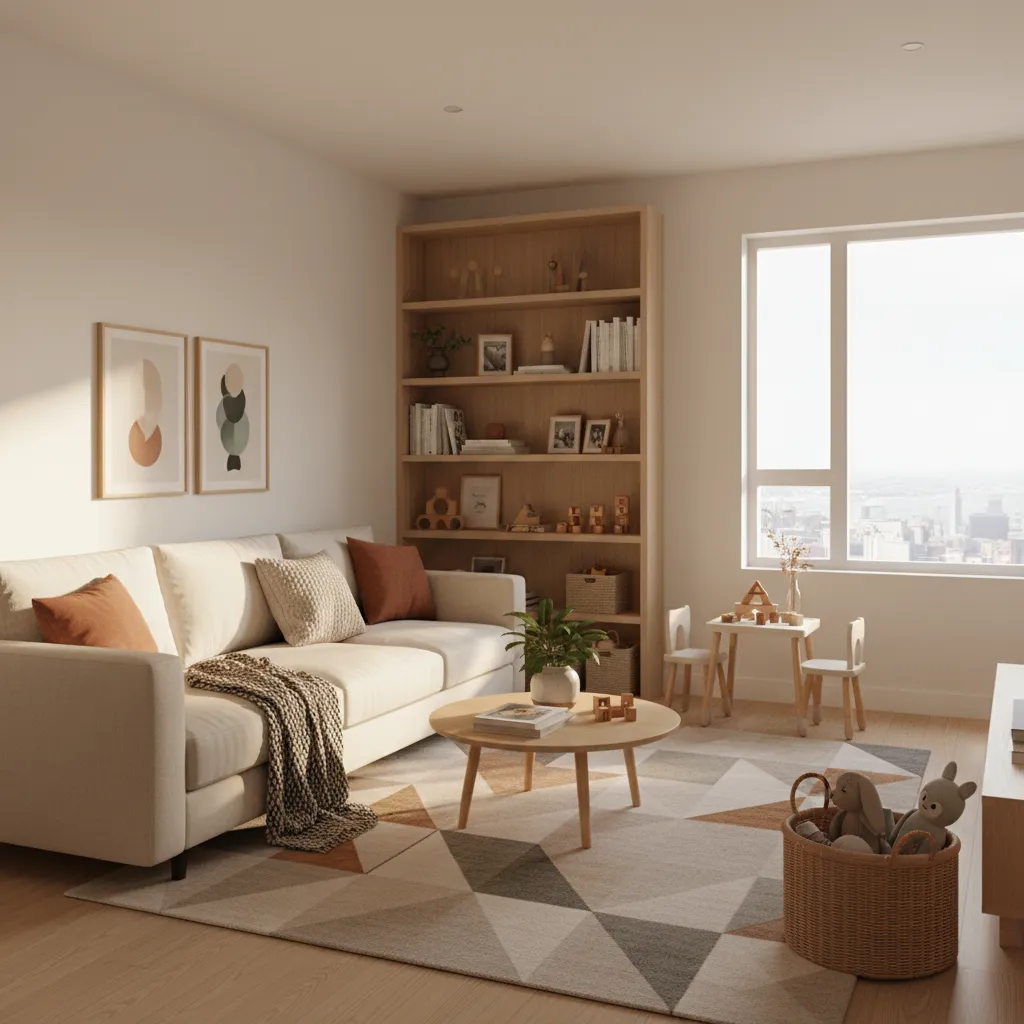 Small apartment living room divided into seating and kids play zones