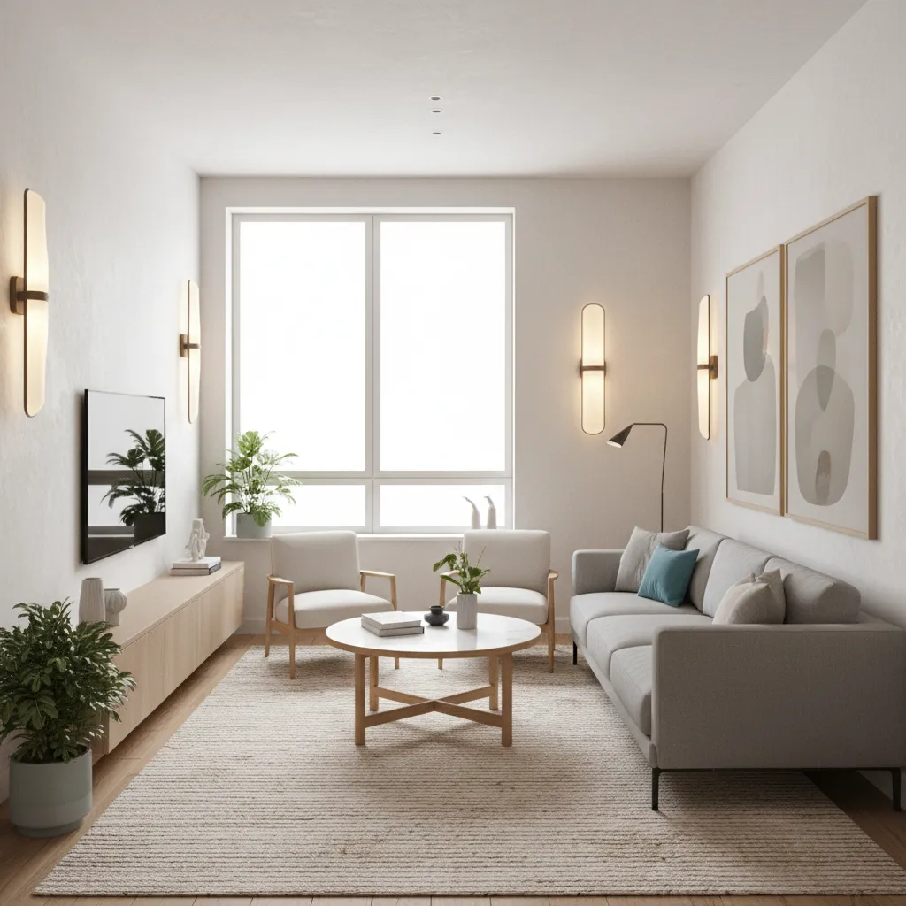 Small family room layout with compact sofa and chairs maximizing space