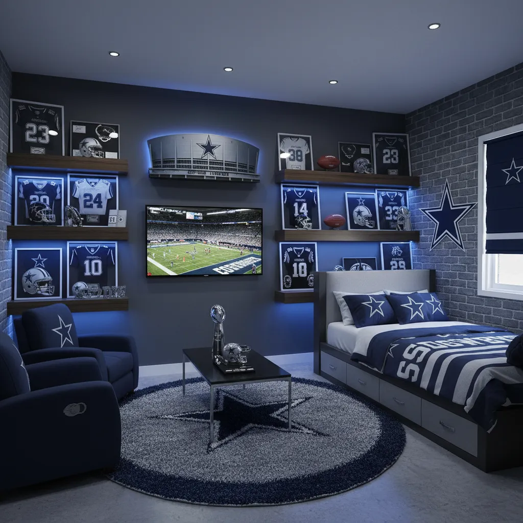 Small Dallas Cowboys fan room with blue LED accent lighting and display shelves