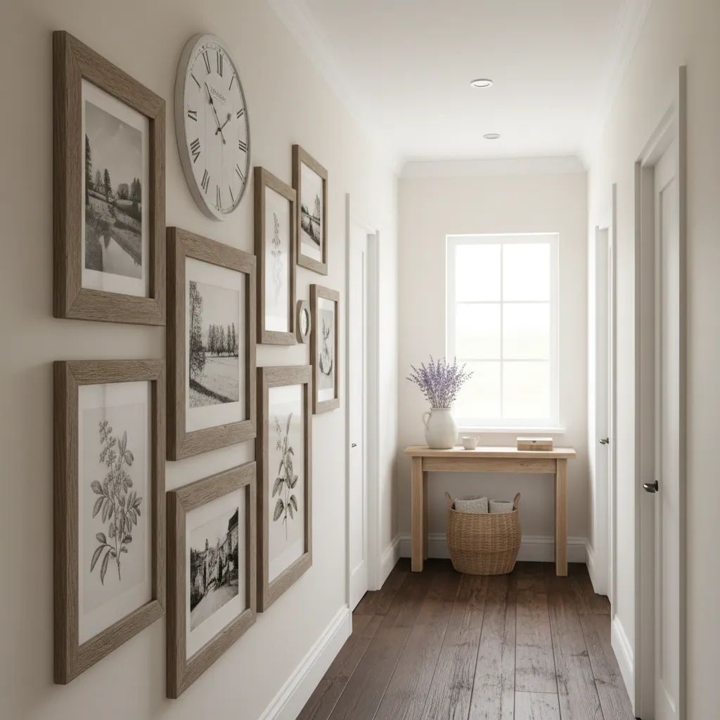 Vertical farmhouse gallery wall layout in a small hallway space