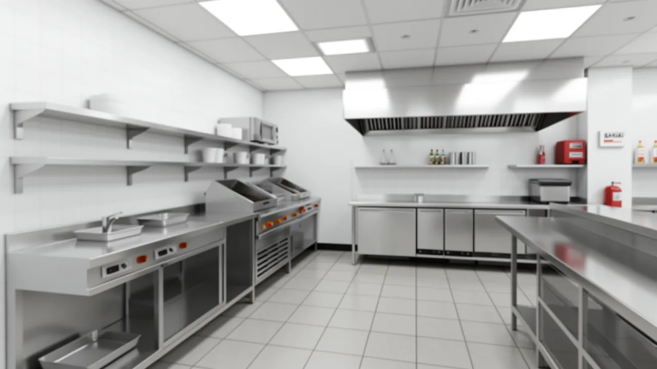 small fast food restaurant kitchen with vertical storage and compact equipment