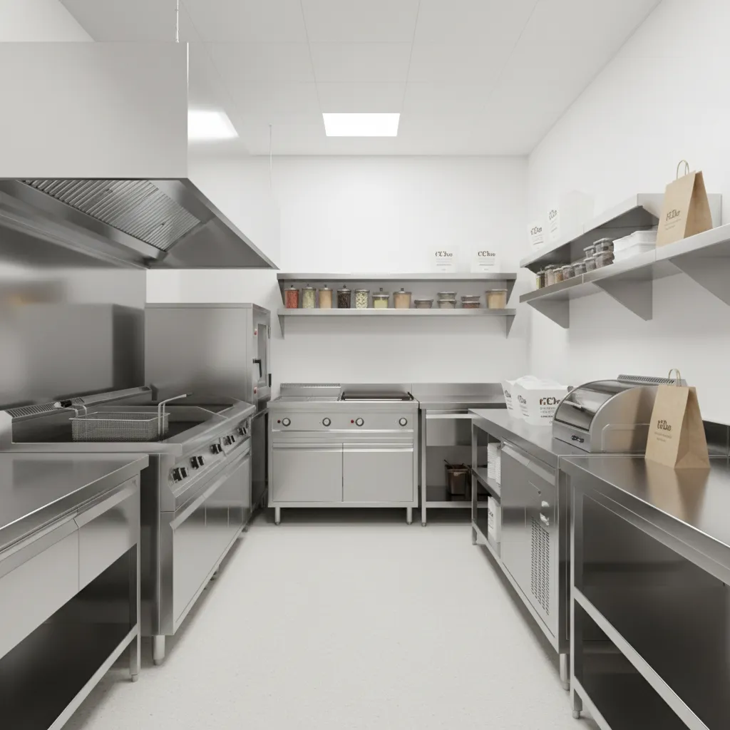 Small commercial kitchen with stainless steel cabinets cooking appliances wall shelves and white walls under lights