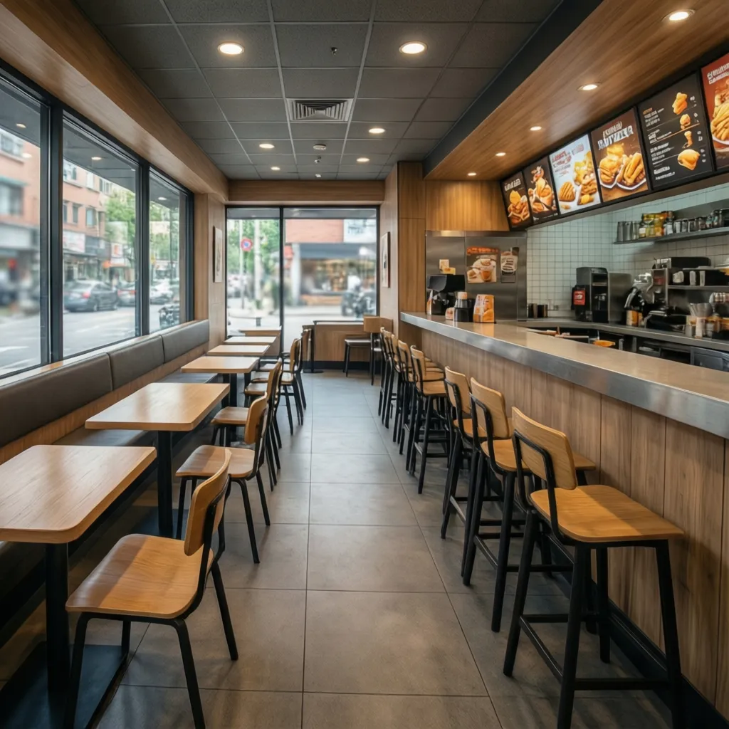 Pequeño restaurante de comida rápida con mesas compactas y barra