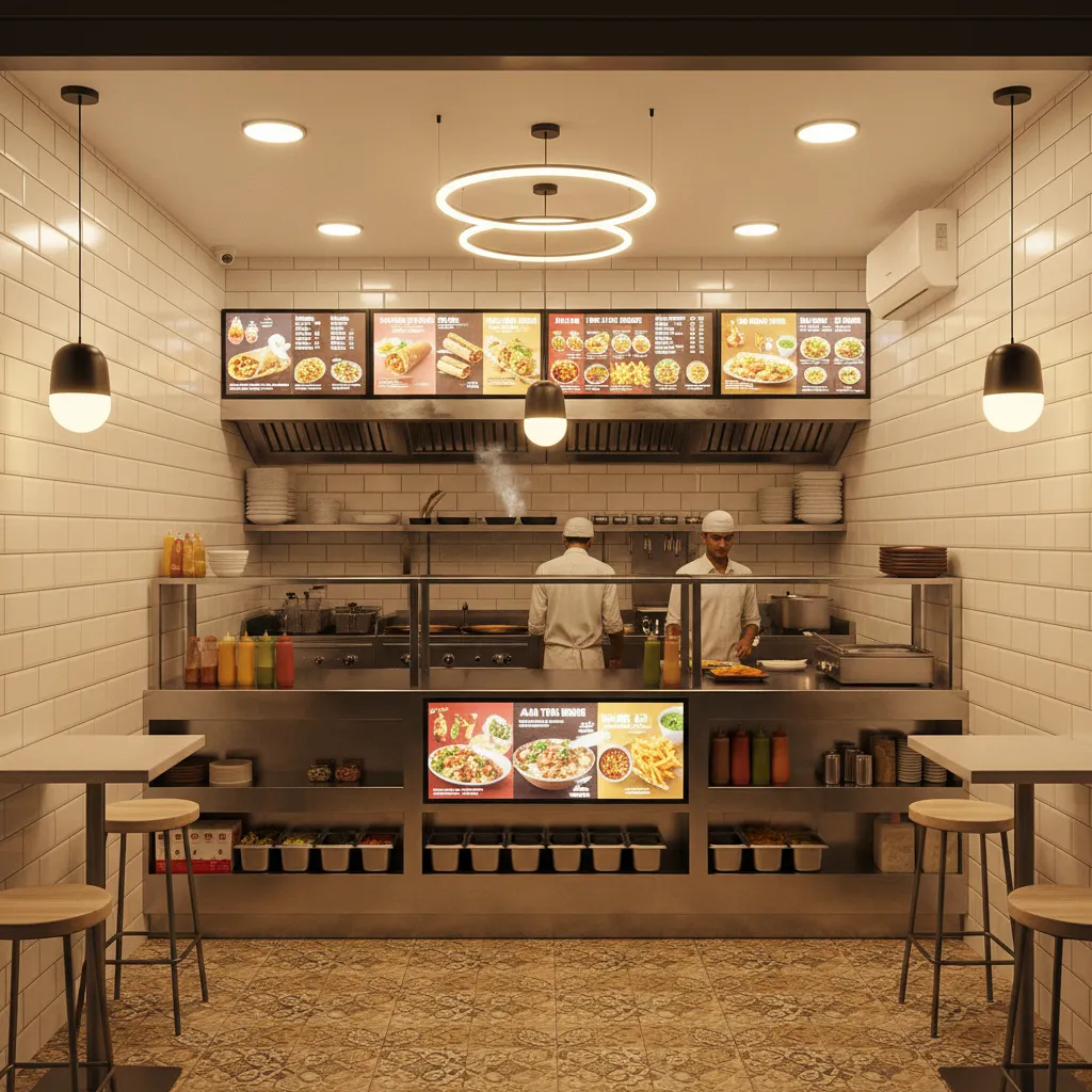 Small fast food restaurant interior with staff behind counter menu boards and simple wooden stools
