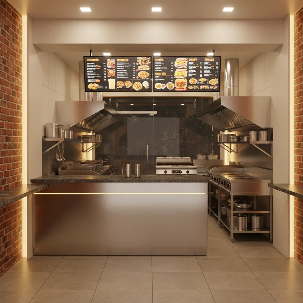 compact fast food shop interior with front counter and visible cooking area