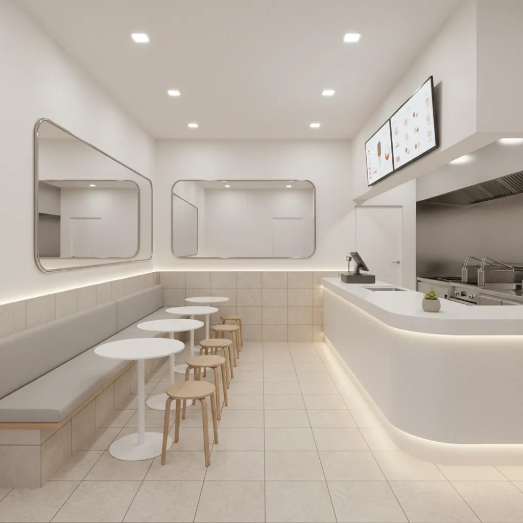 bright small fast food shop interior with mirror and light color walls
