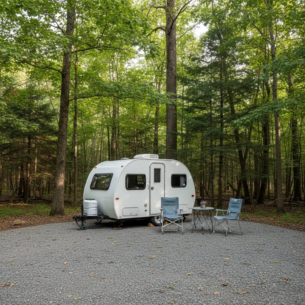 small fiberglass travel trailer camping scene in nature