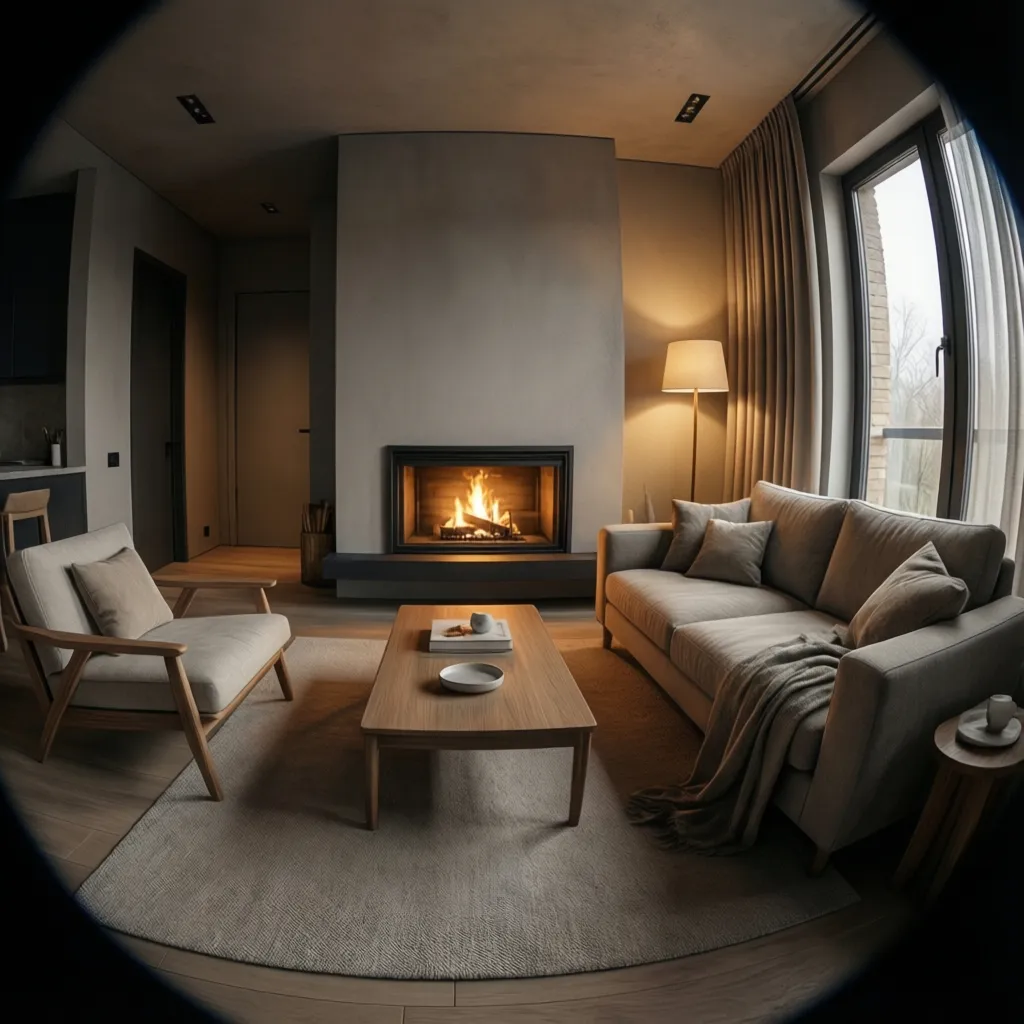 Compact living room with small fireplace integrated into a modern apartment wall