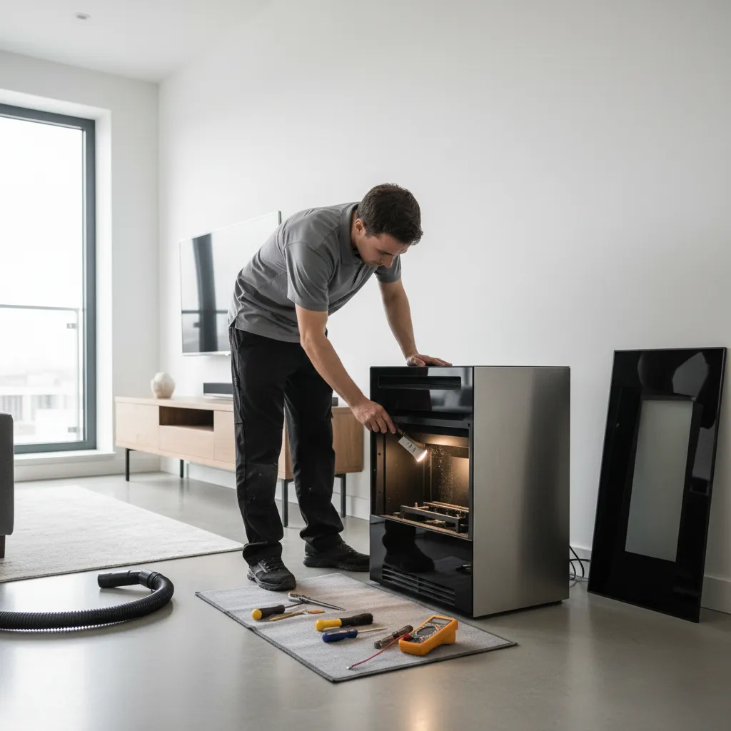 Cleaning and inspecting a compact electric fireplace for maintenance