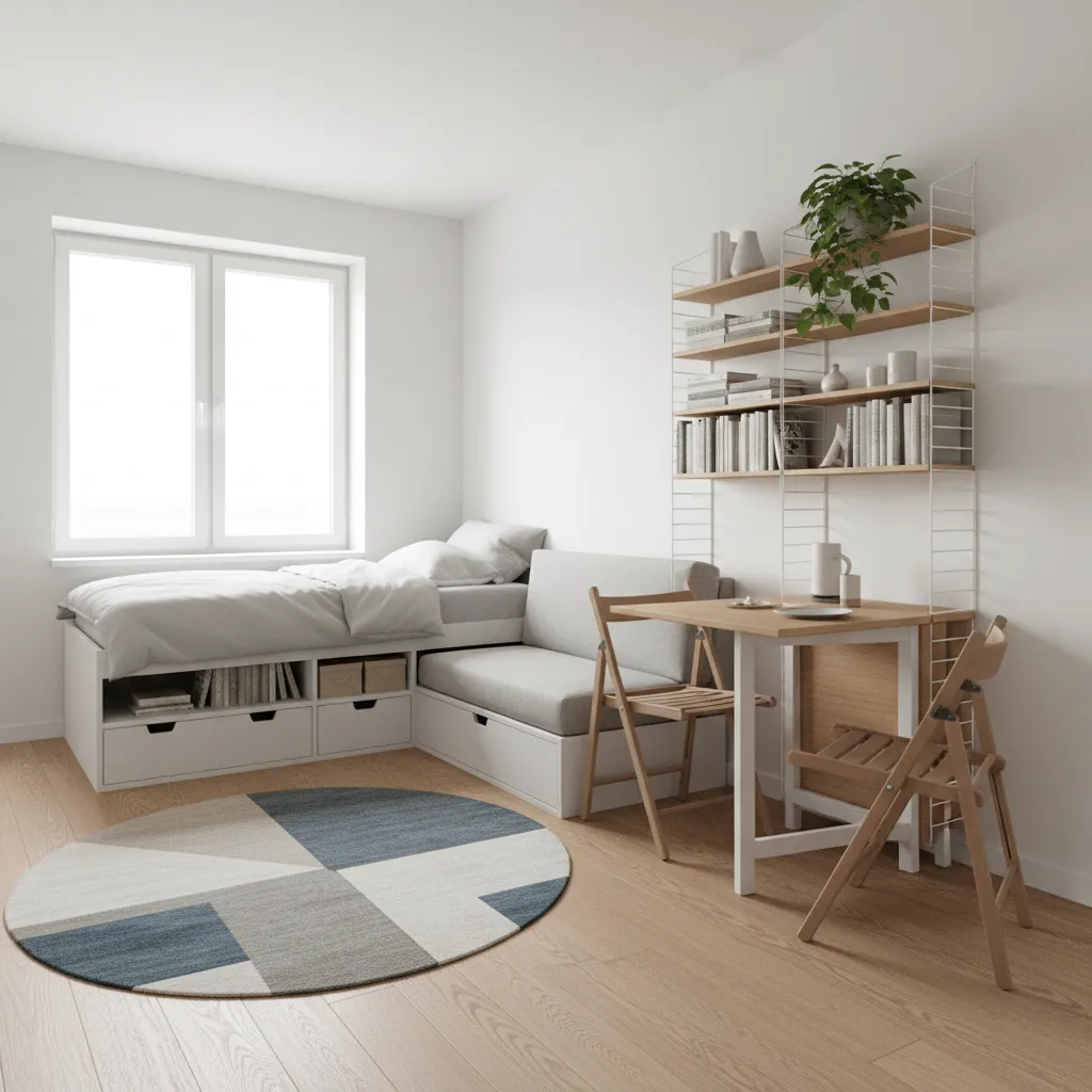 small apartment layout with multifunctional furniture and efficient space planning