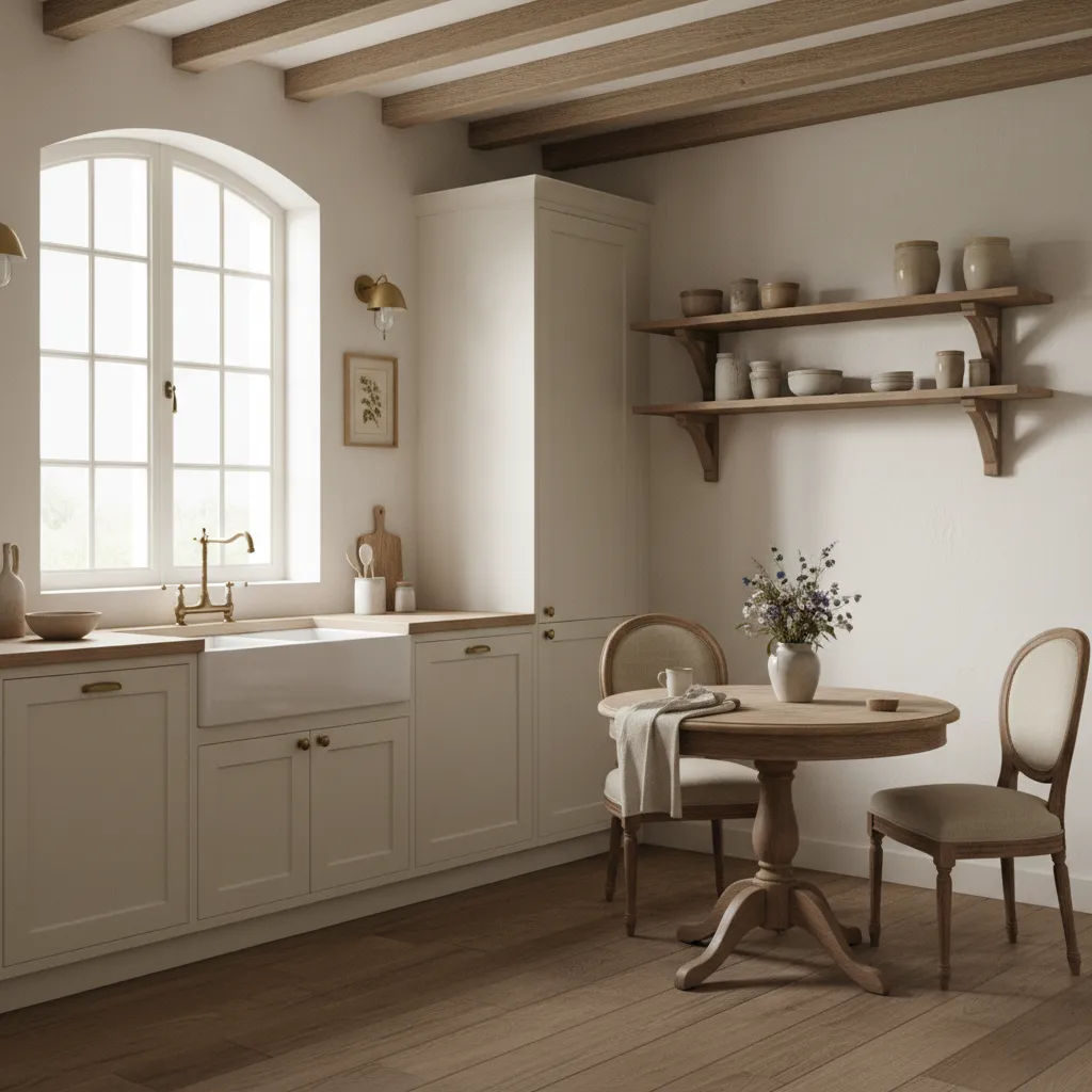 Compact French country kitchen inside a small apartment with cream cabinets and wooden shelves