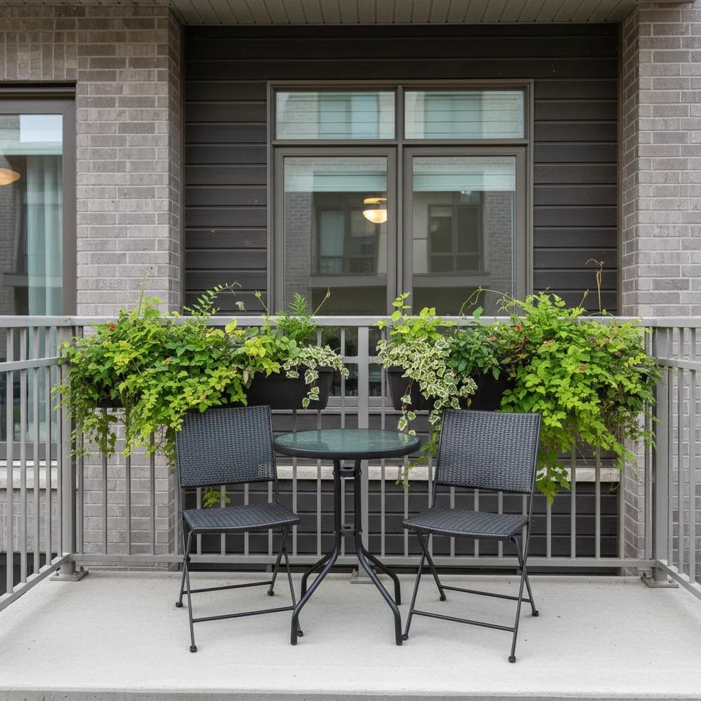 Small front balcony with two chairs and railing plants