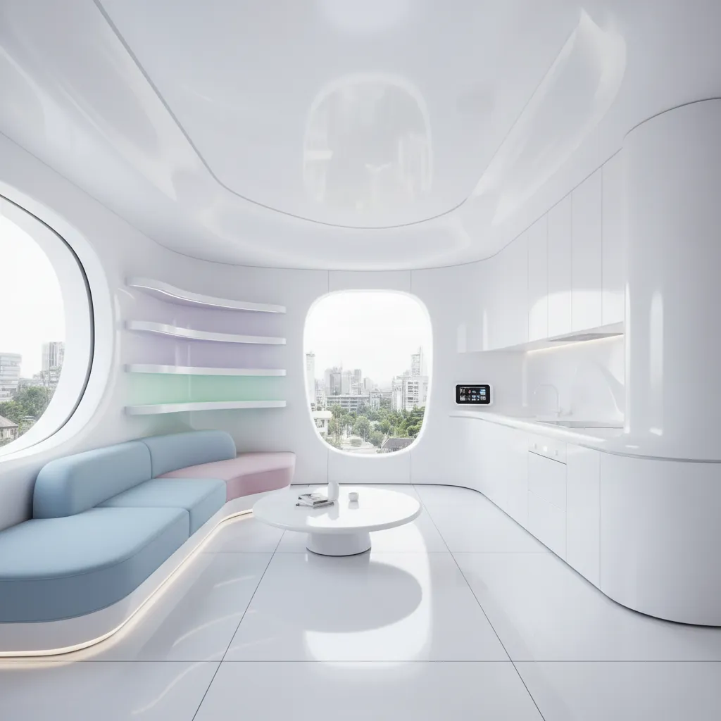 Small futuristic white apartment with curved kitchen cabinets blue sofa oval windows and glossy floor