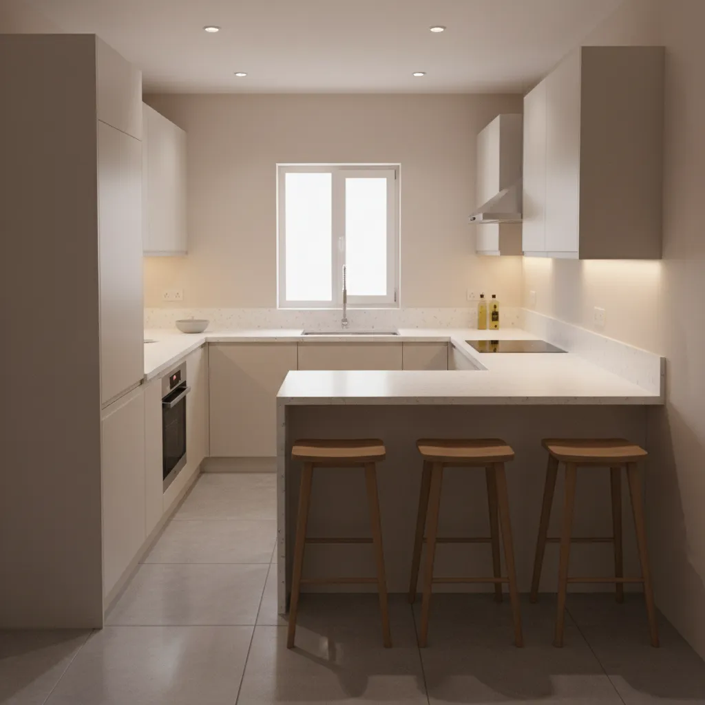 compact g shaped kitchen showing narrow aisle spacing