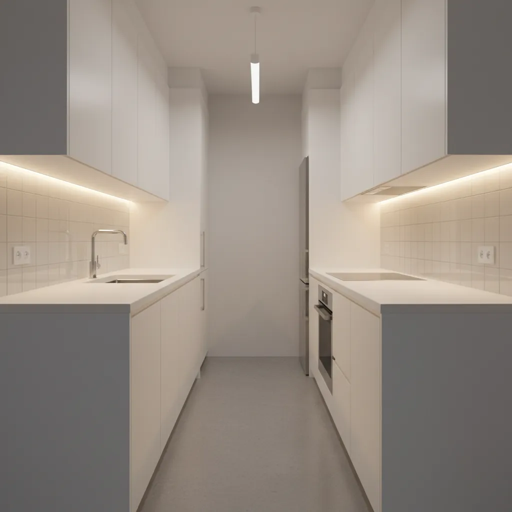 bright small galley 11x6 kitchen layout with white cabinets