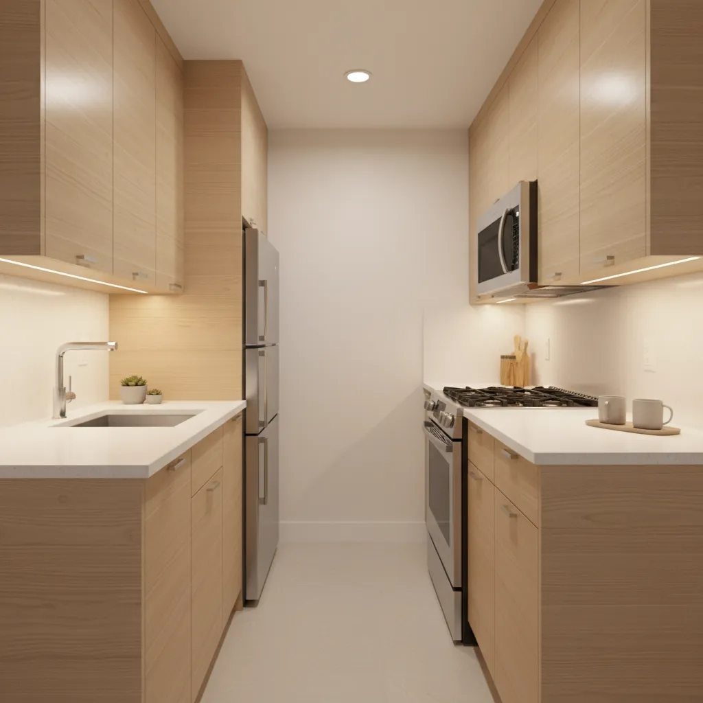 Compact 10x6 galley kitchen layout with cabinets on both sides