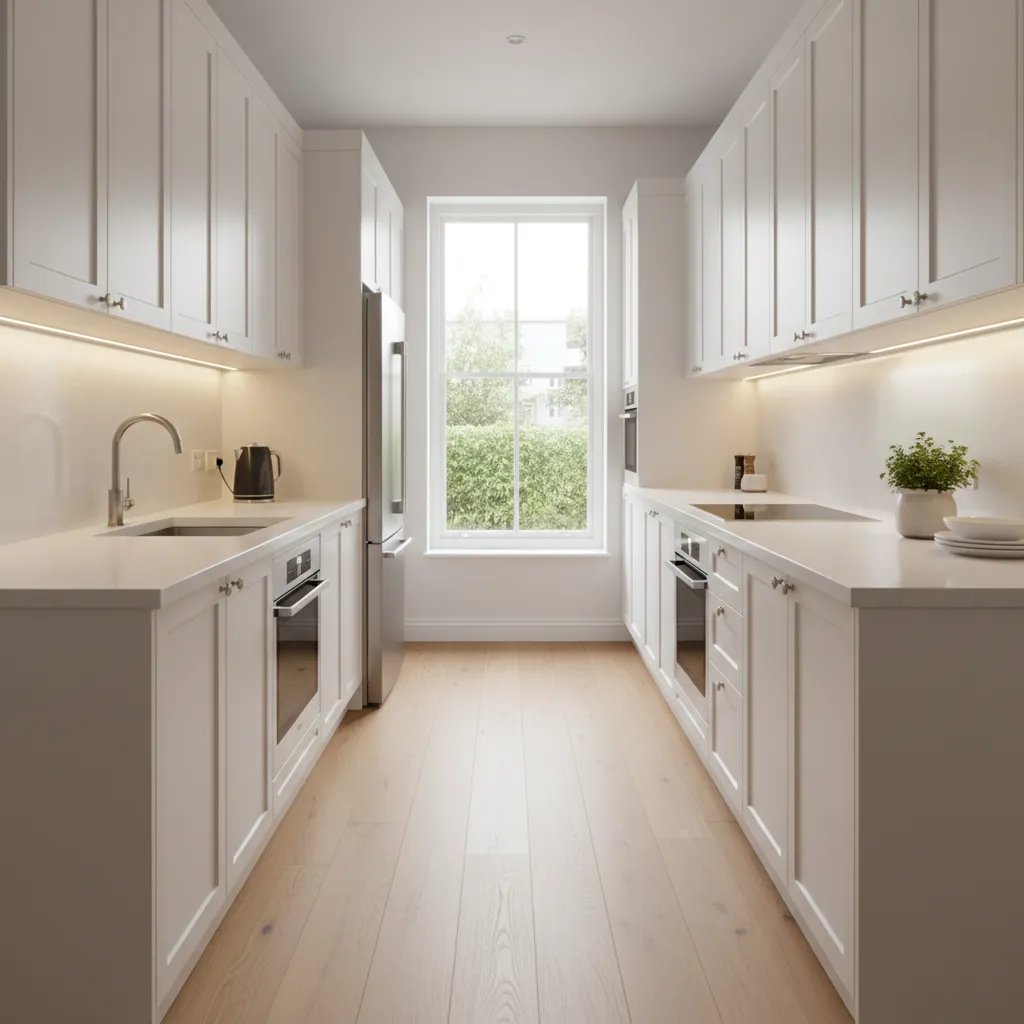 bright remodeled small galley kitchen with white cabinets and improved lighting