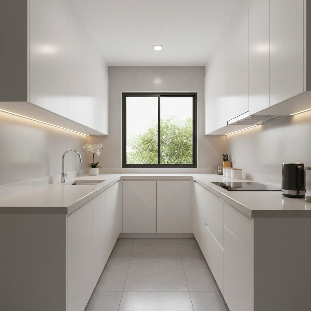 galley kitchen cabinet layout for small Malaysian apartment kitchen