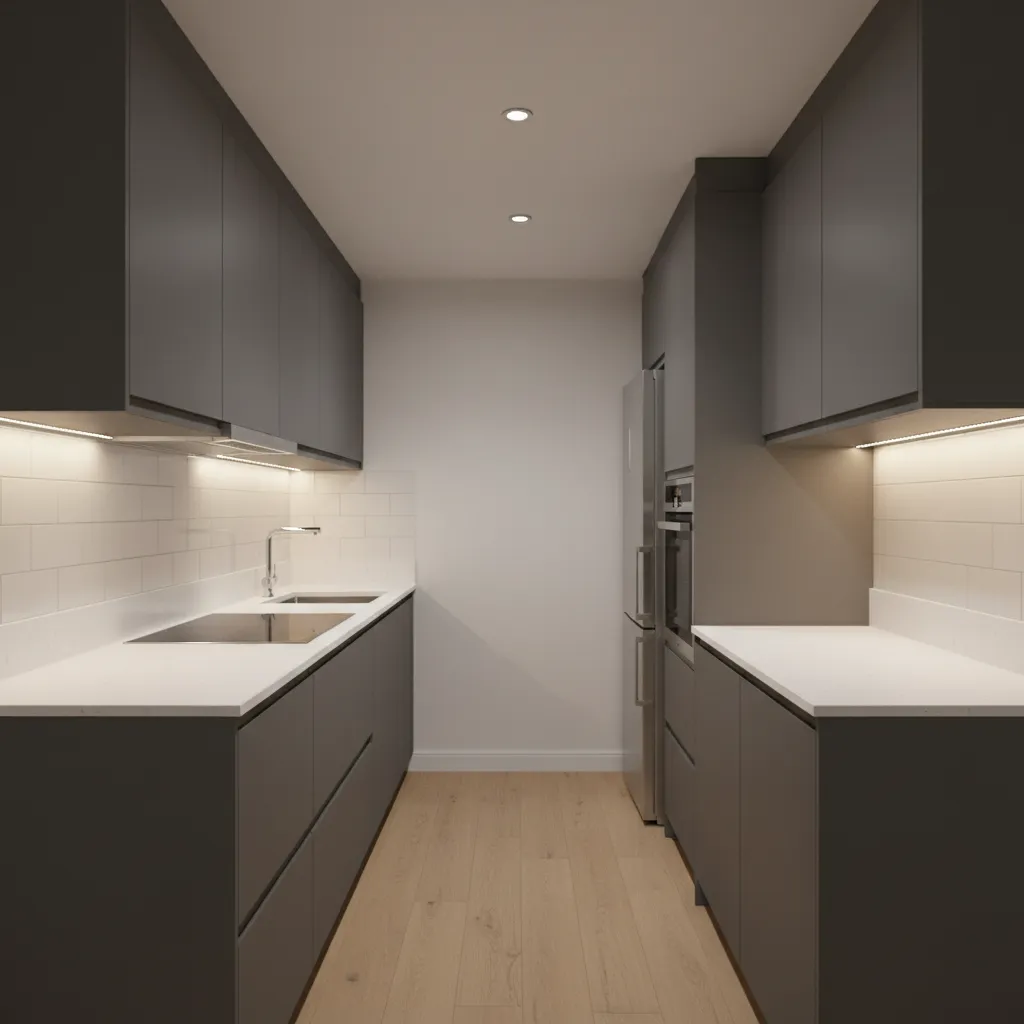 Small galley kitchen layout with efficient workflow