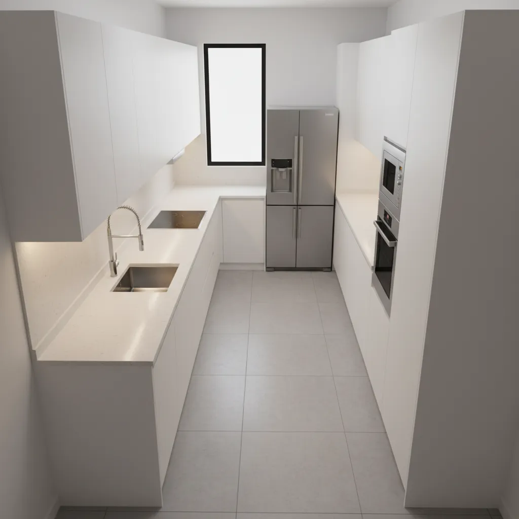 top view layout of a narrow galley kitchen showing efficient workflow