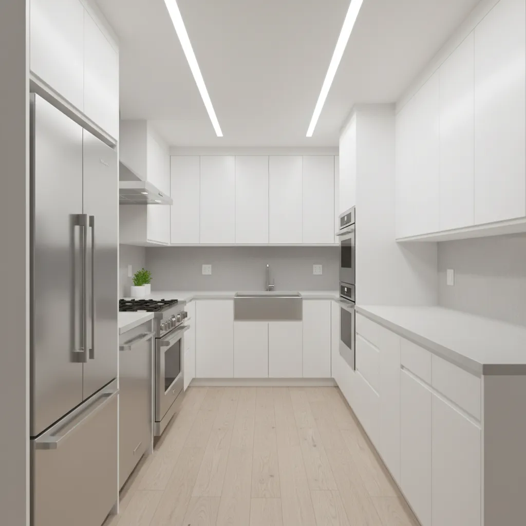 galley layout small kitchen with white cabinets and efficient workflow
