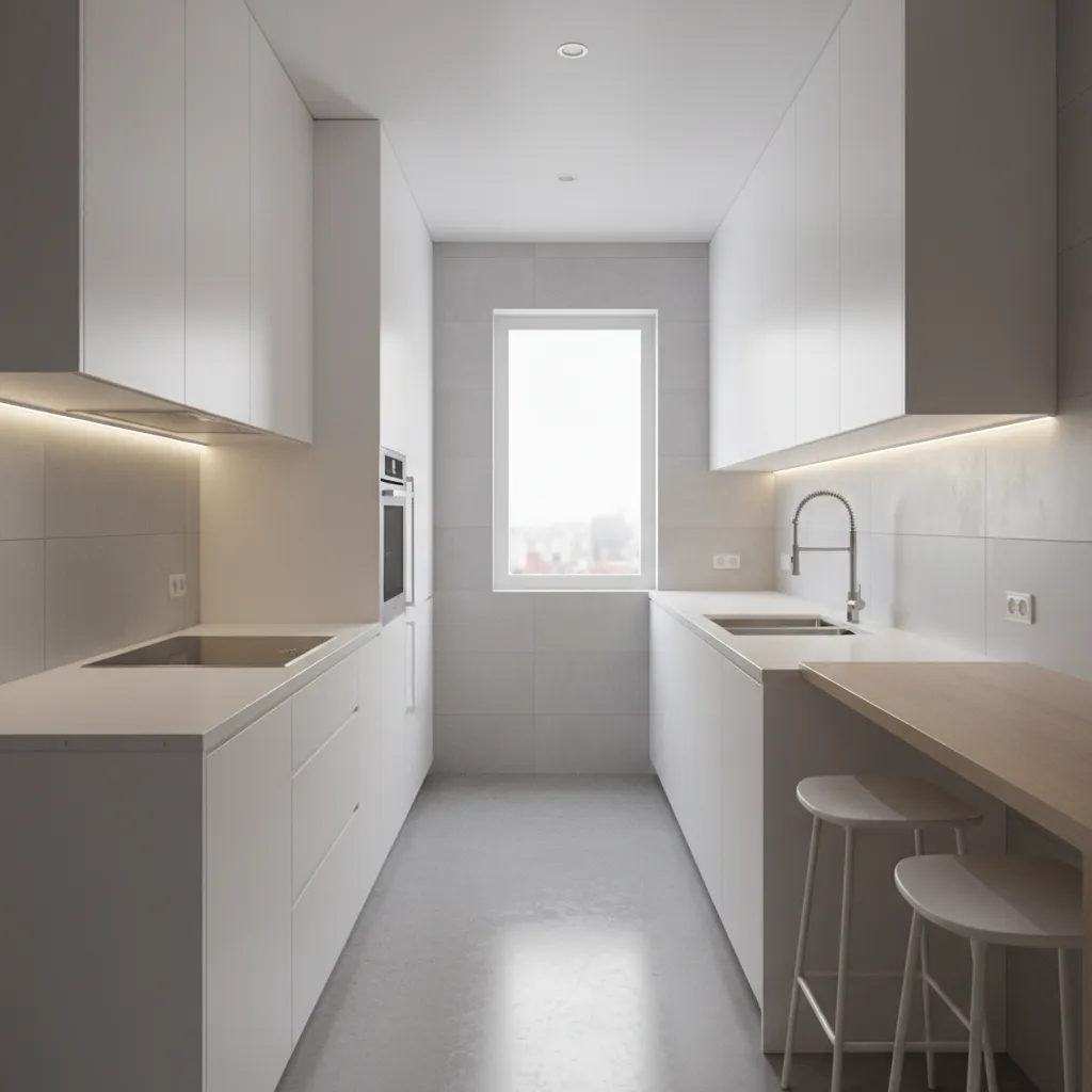 narrow galley modular kitchen layout with parallel cabinets for small spaces