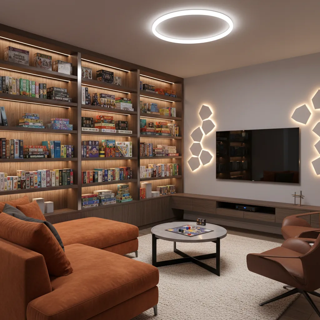 Small game room with layered lighting and LED shelves