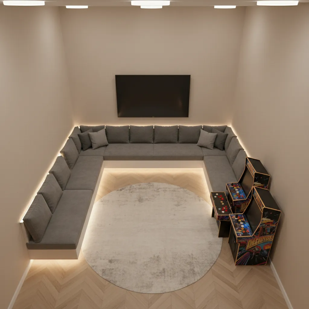Small game room layout showing clear play zone and wall seating