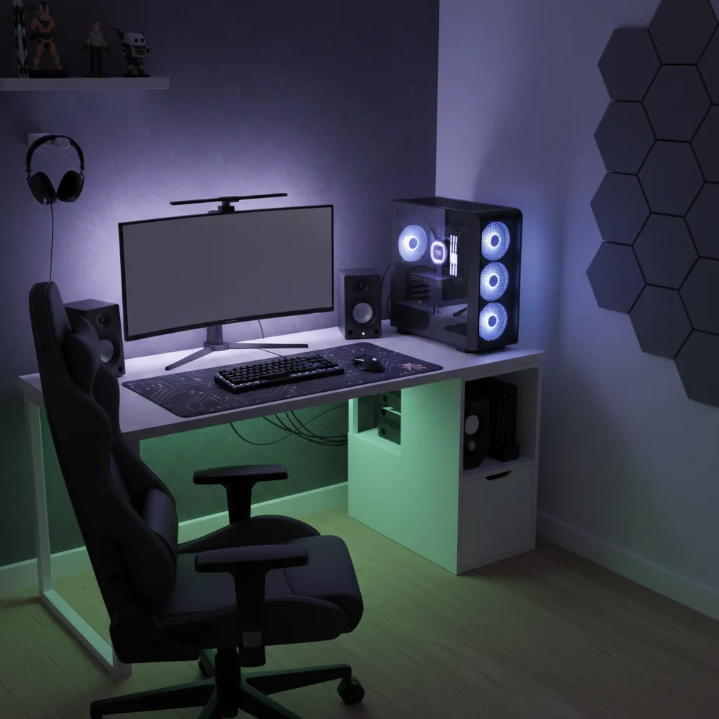 small gaming room with PC airflow spacing and circulation fan