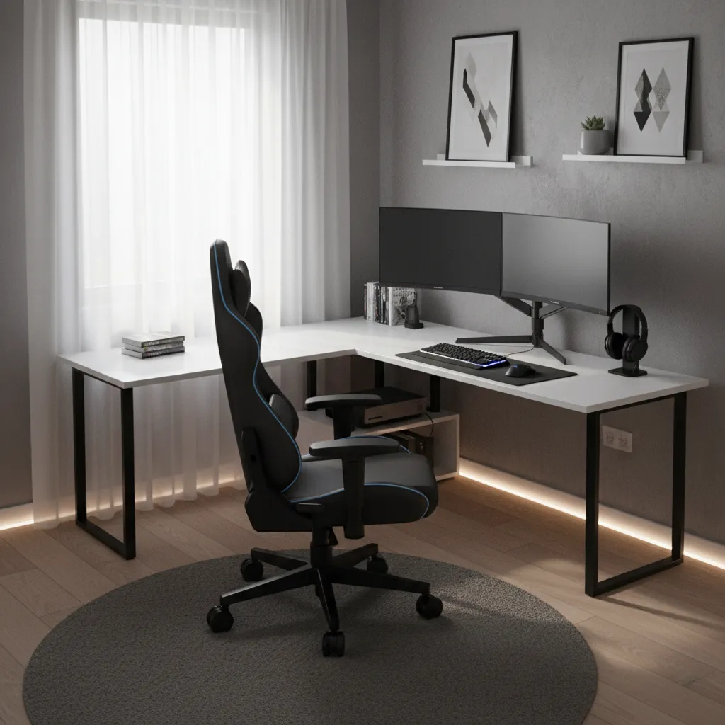 optimized desk placement in a compact gaming room layout