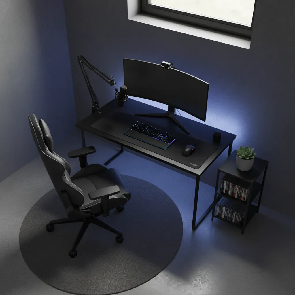 small gaming room desk layout showing monitor placement lighting and camera position
