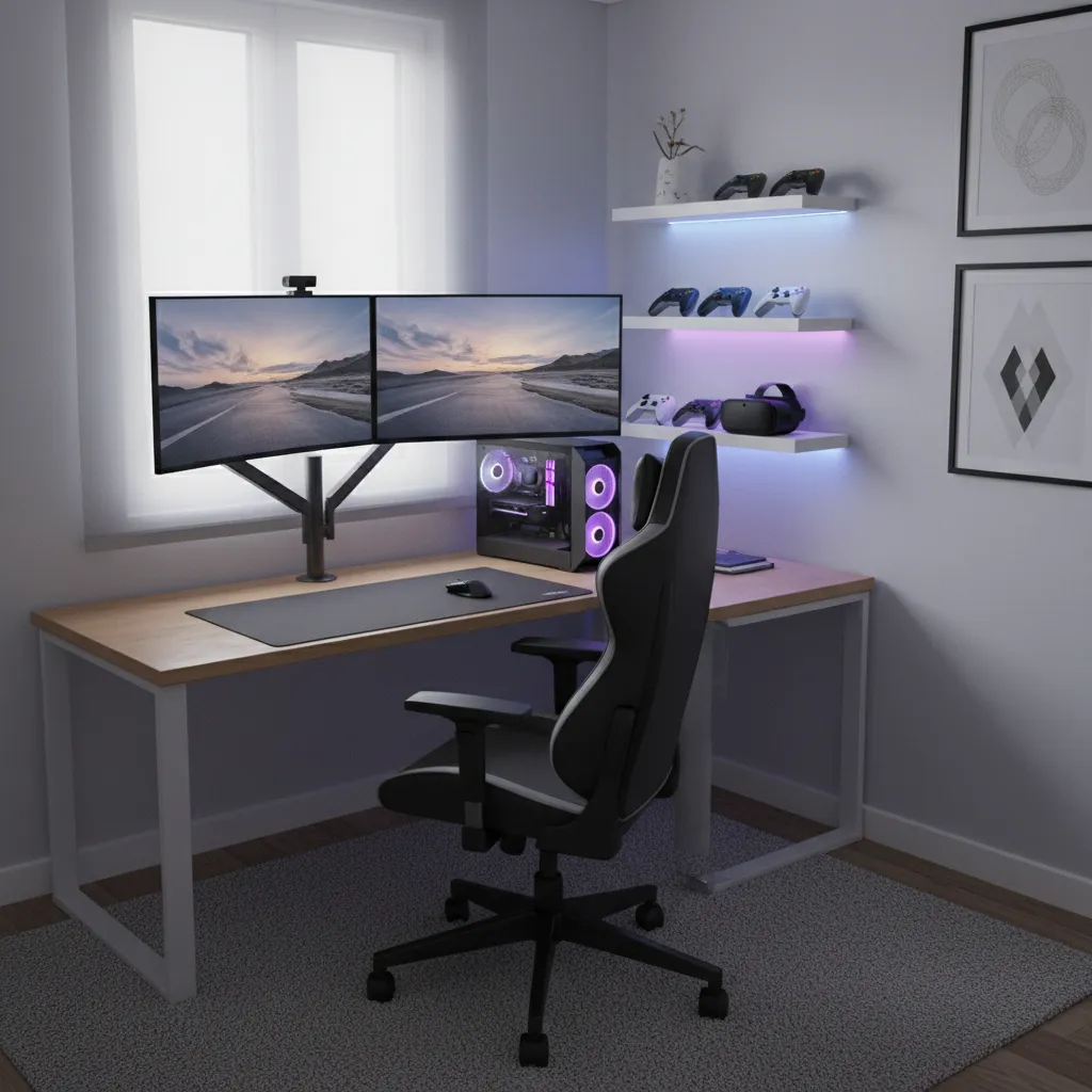 compact gaming room with wall mounted monitors corner desk and LED lighting