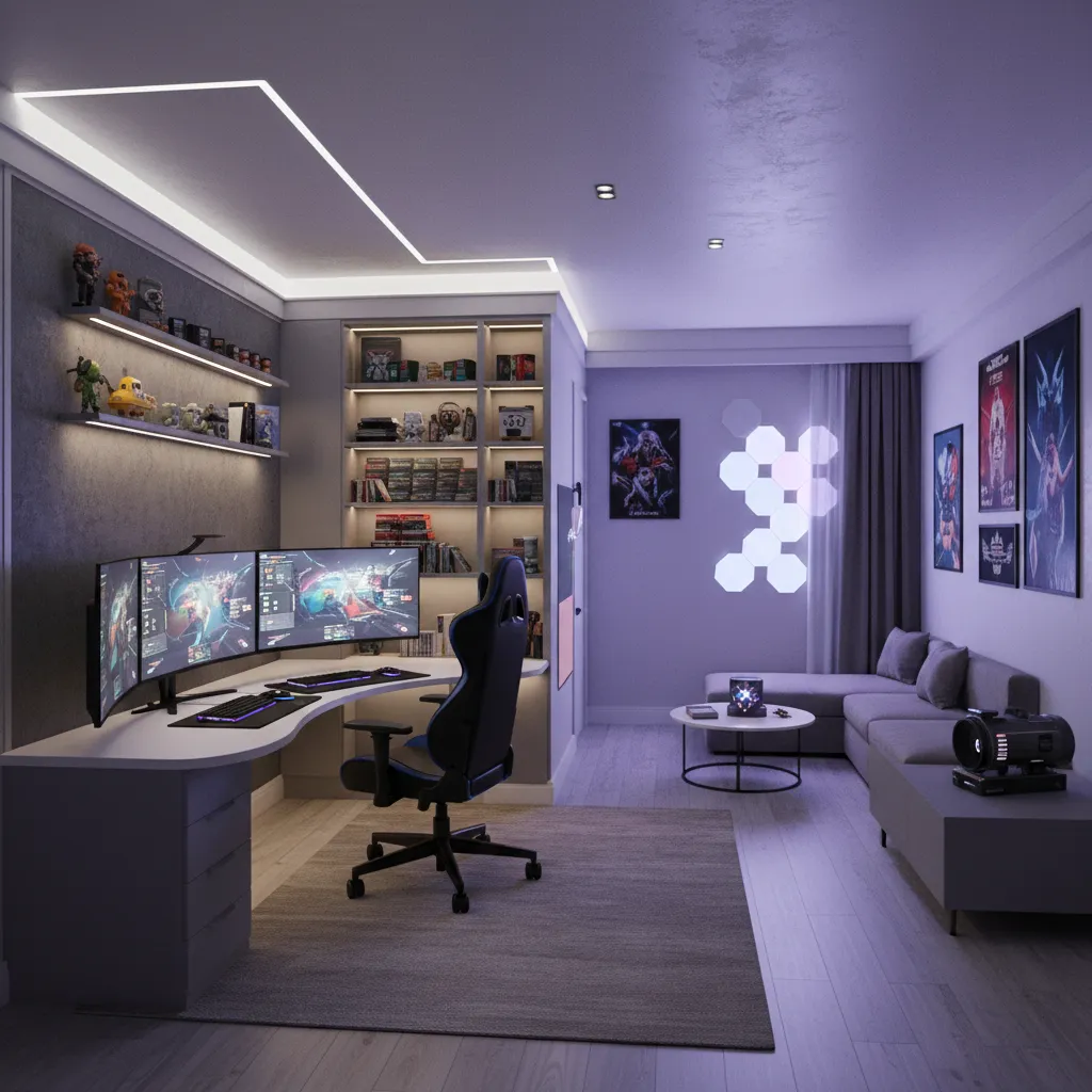 small gaming room layout showing desk zone storage zone and lighting zone
