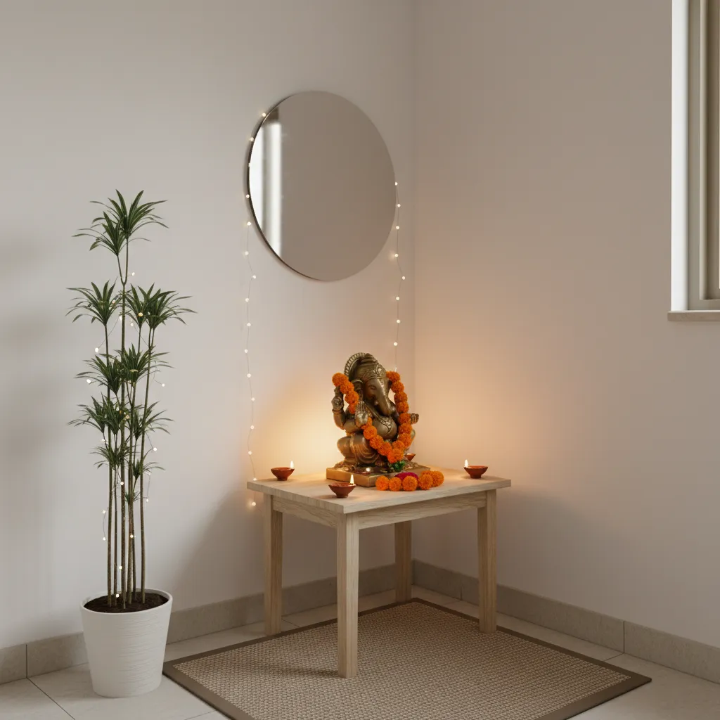 Small apartment Ganesh pooja corner with compact altar and flowers