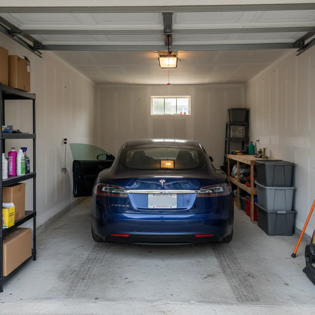 Interior view of a narrow garage with car parked next to storage shelves and workbench