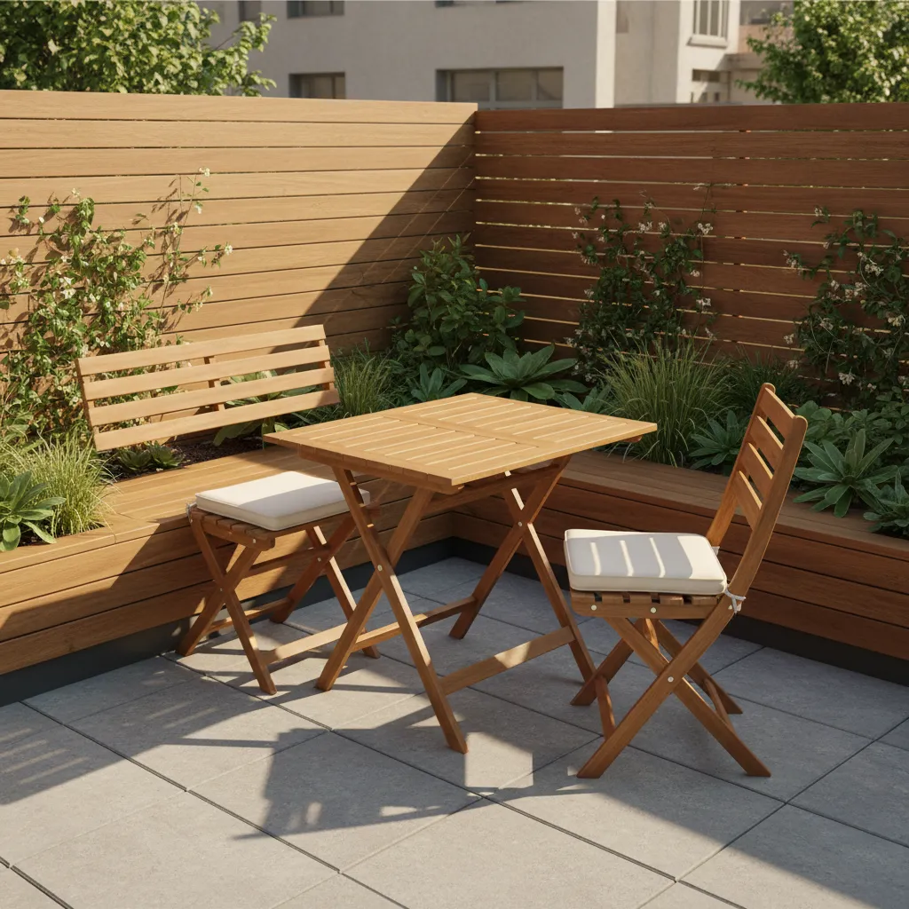 Small outdoor patio featuring wooden folding table and chairs set against a horizontal wood fence