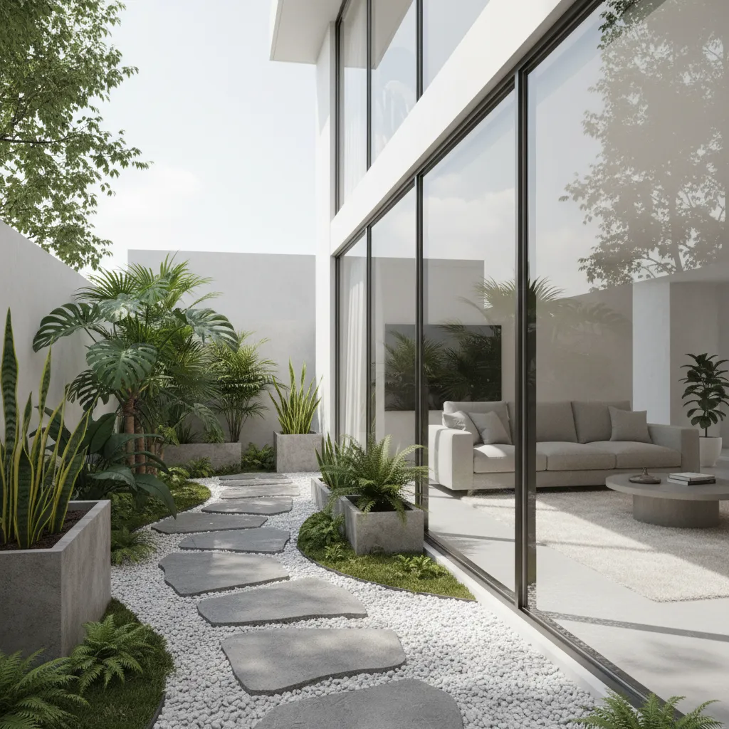 Taman kecil di rumah minimalis dengan jendela besar