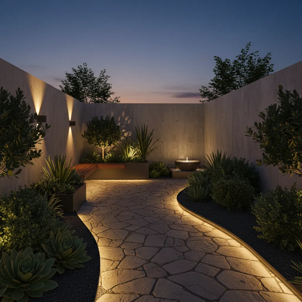 small backyard path illuminated with subtle garden path lights at night