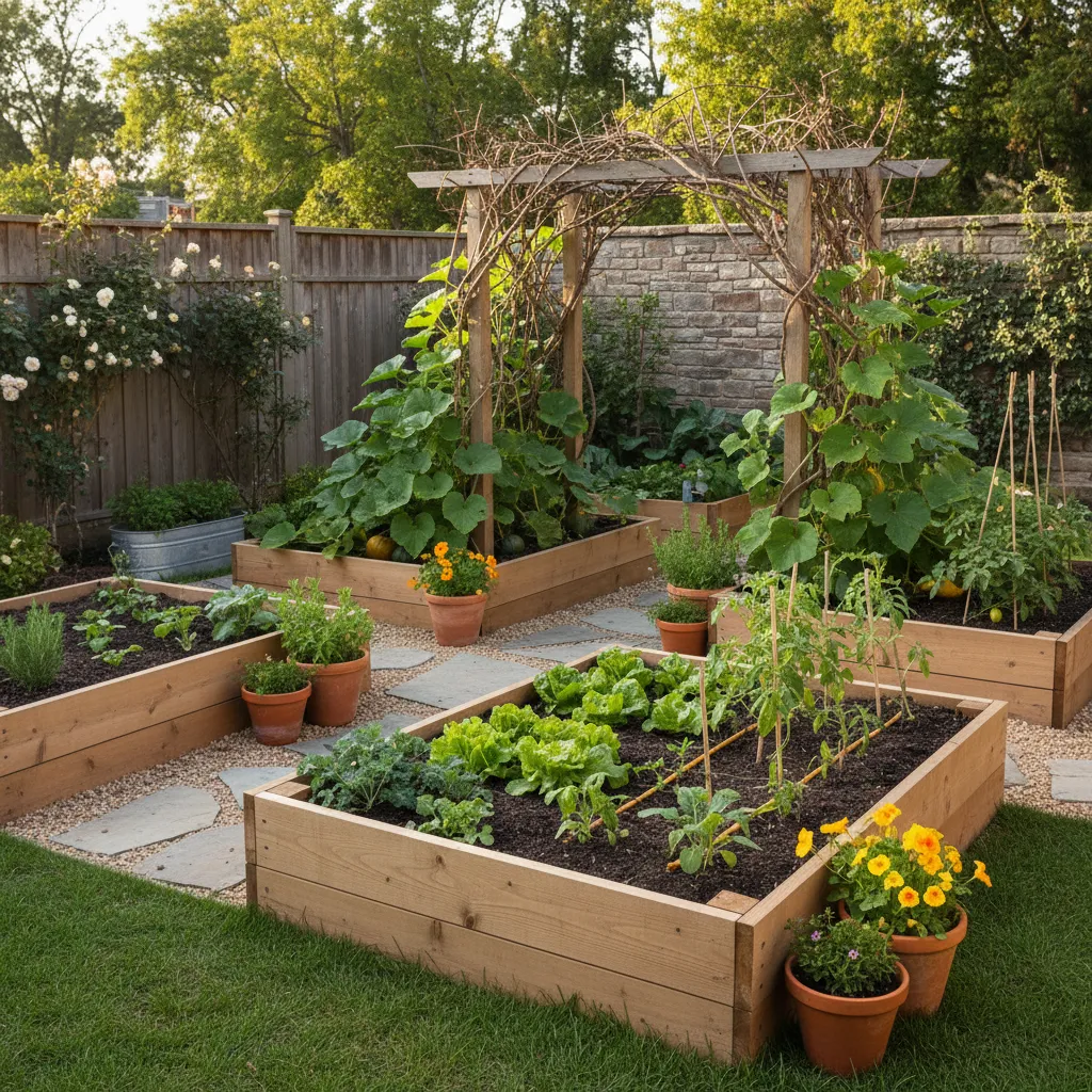 Small backyard garden layout with containers and trellis for pumpkins