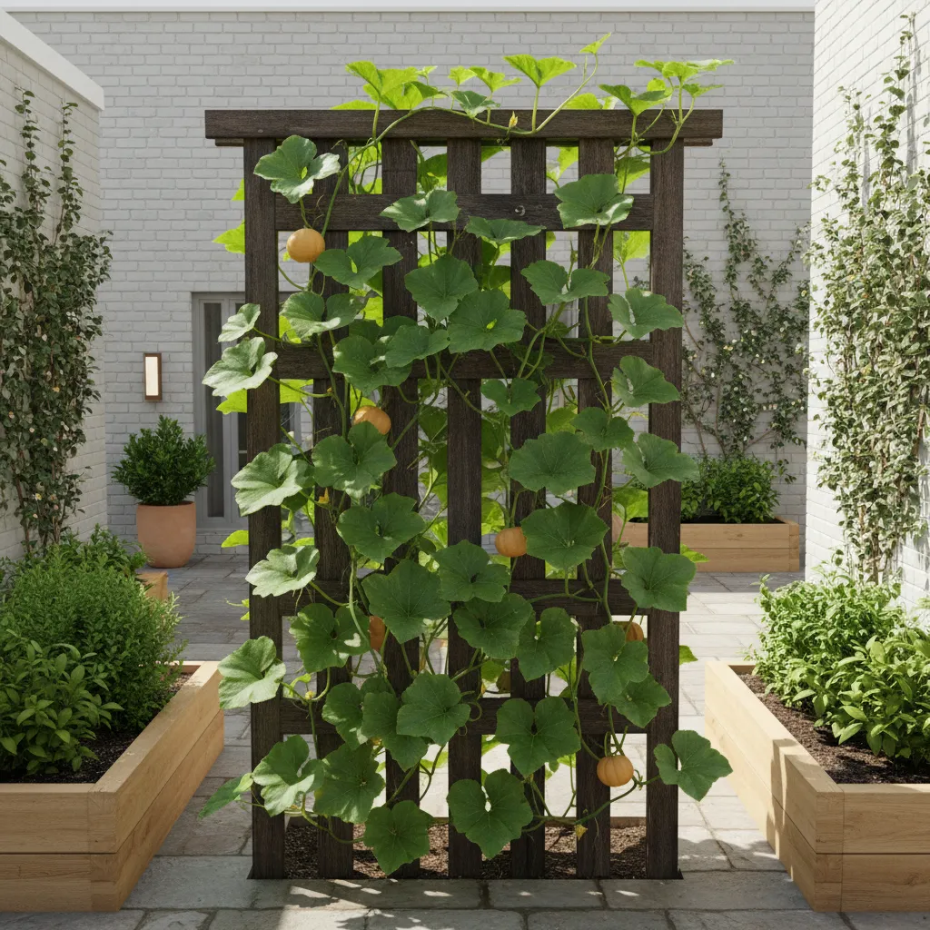 Pumpkin vines climbing a trellis in a compact backyard garden