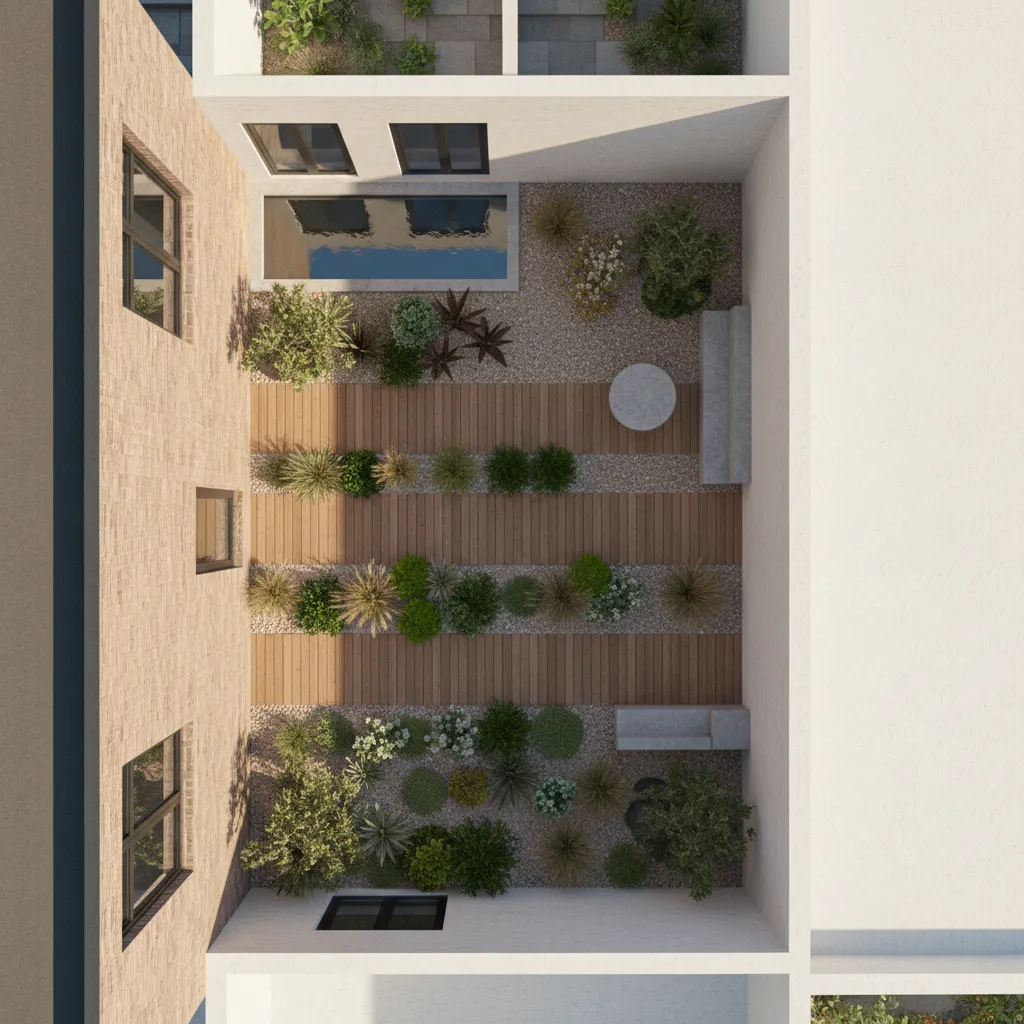 Sunlight zones mapped in a small courtyard garden