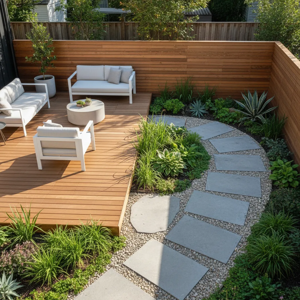 Backyard garden with wood deck white sofa stone path gravel area and tall wood fence